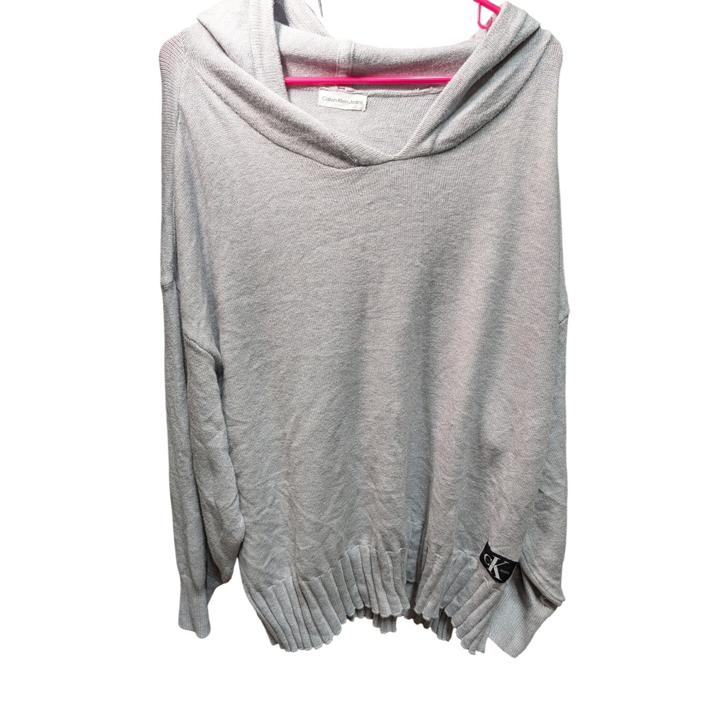 Calvin Klein Jeans Hoodie Women Grey Good Distressed Knit Logo Patch Pullover